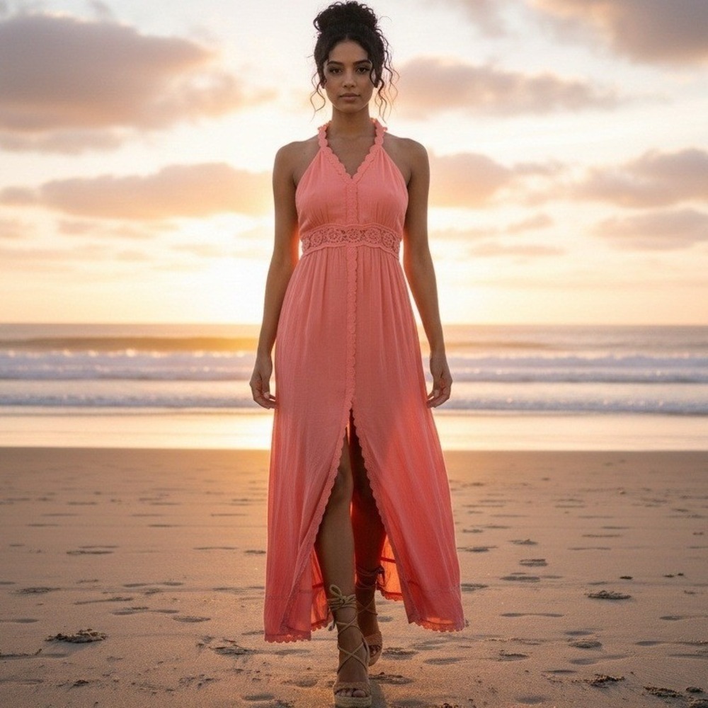 Azucar Casual Tropical Wear Coral Rayon Crochet Lace Racerback Maxi Dress